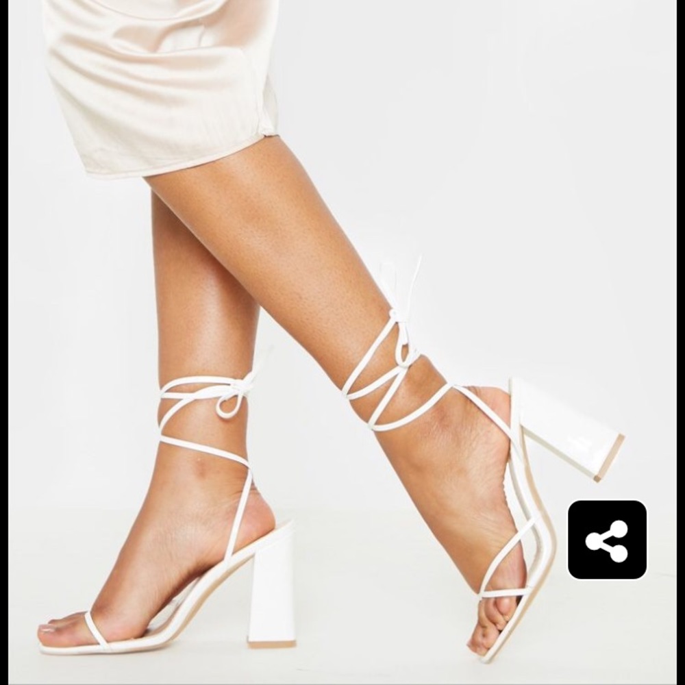 White Block Heel Ankle Tie Toe Thong Sandal